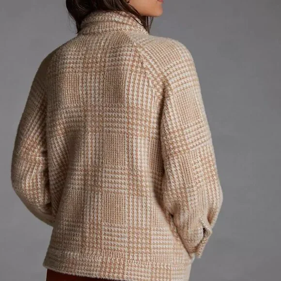 Anthropologie Greylin Houndstooth Shirt Fuzzy Beige White Jacket Blazer - Picture 2 of 9